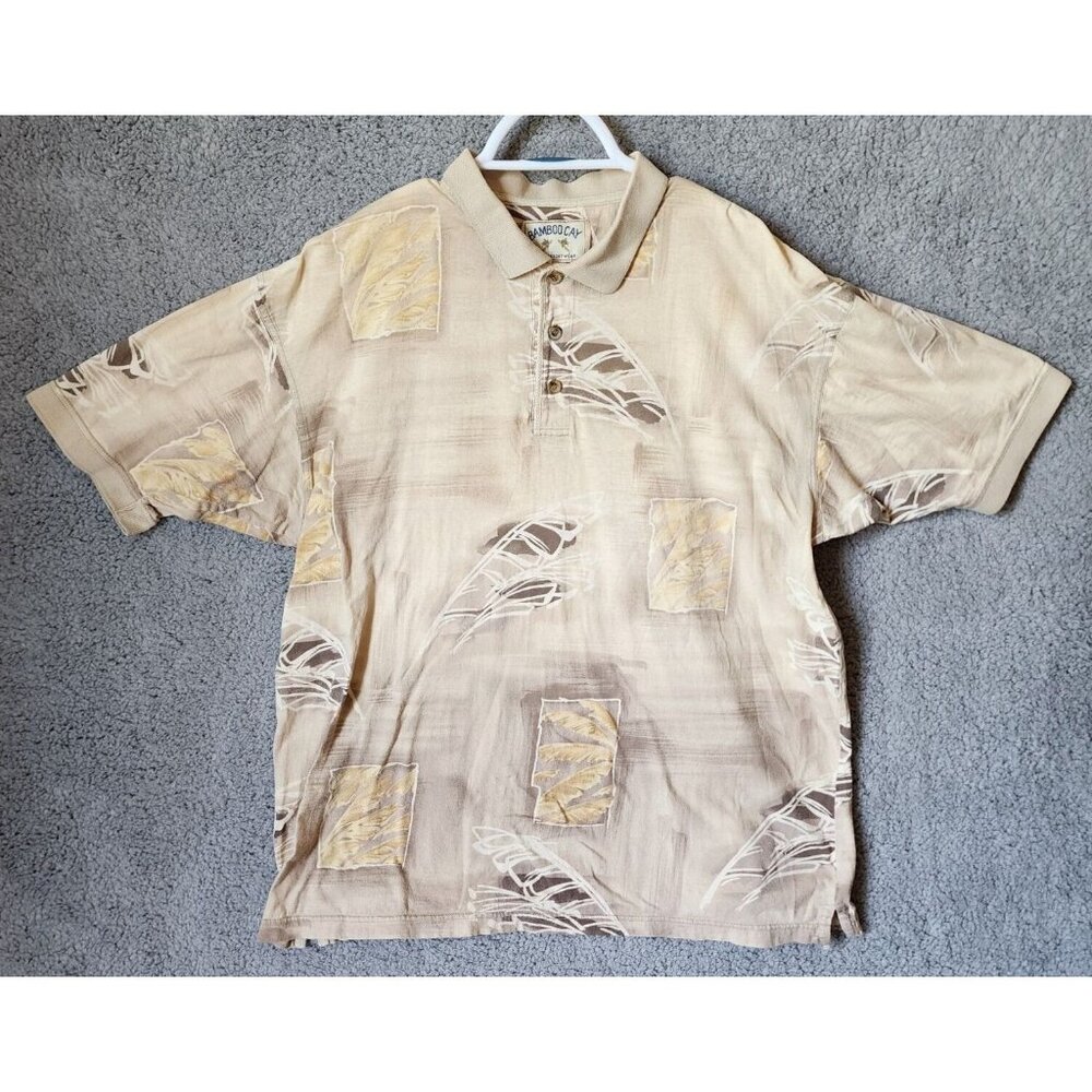 Bamboo Cay Beige Hawaiian Abstract Print Tropical‎ Resort Polo Shirt Size Large